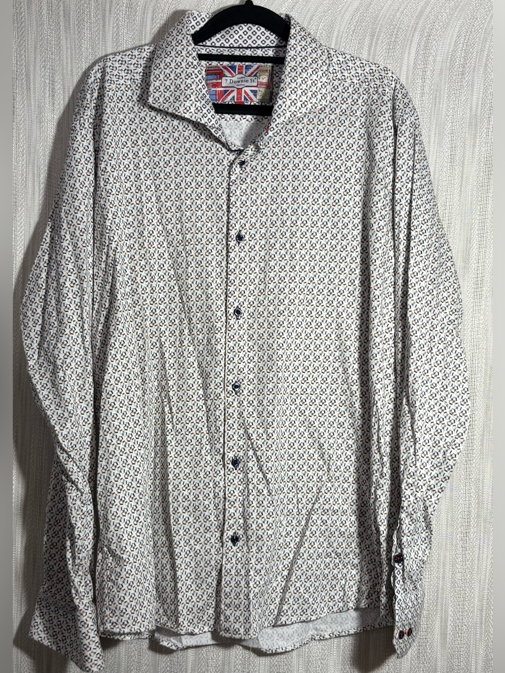 Mens 7 Downie St White Button-Down Shirt with Navy Micro Print